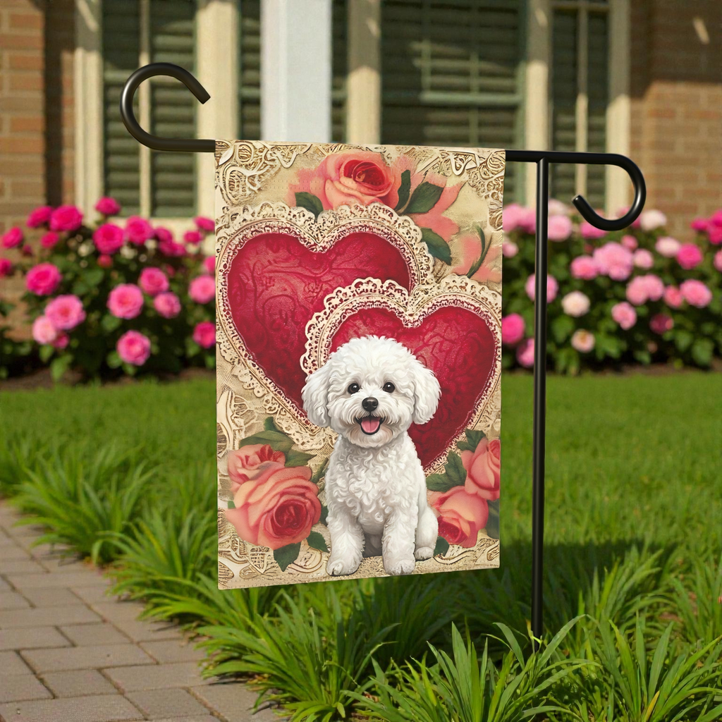Two Heart Bichon Frise Valentine Garden Flag