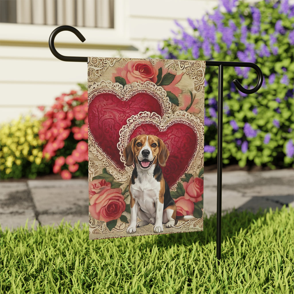 Two Heart Beagle Valentine Garden Flag