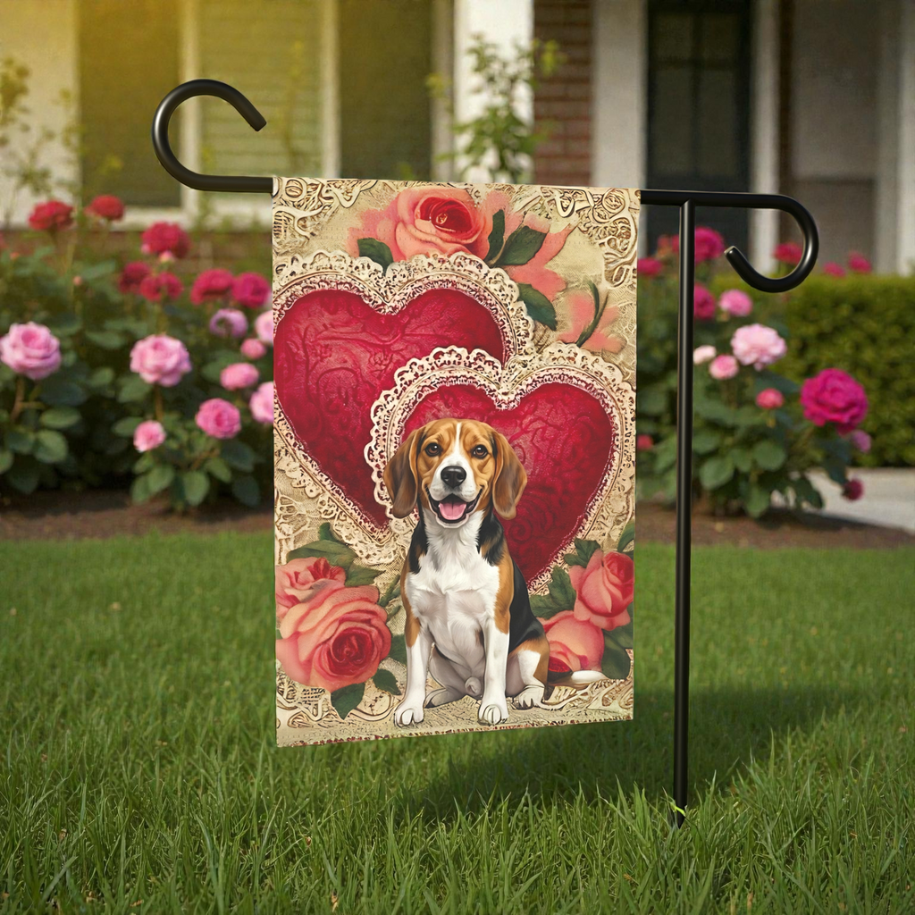 Two Heart Beagle Valentine Garden Flag