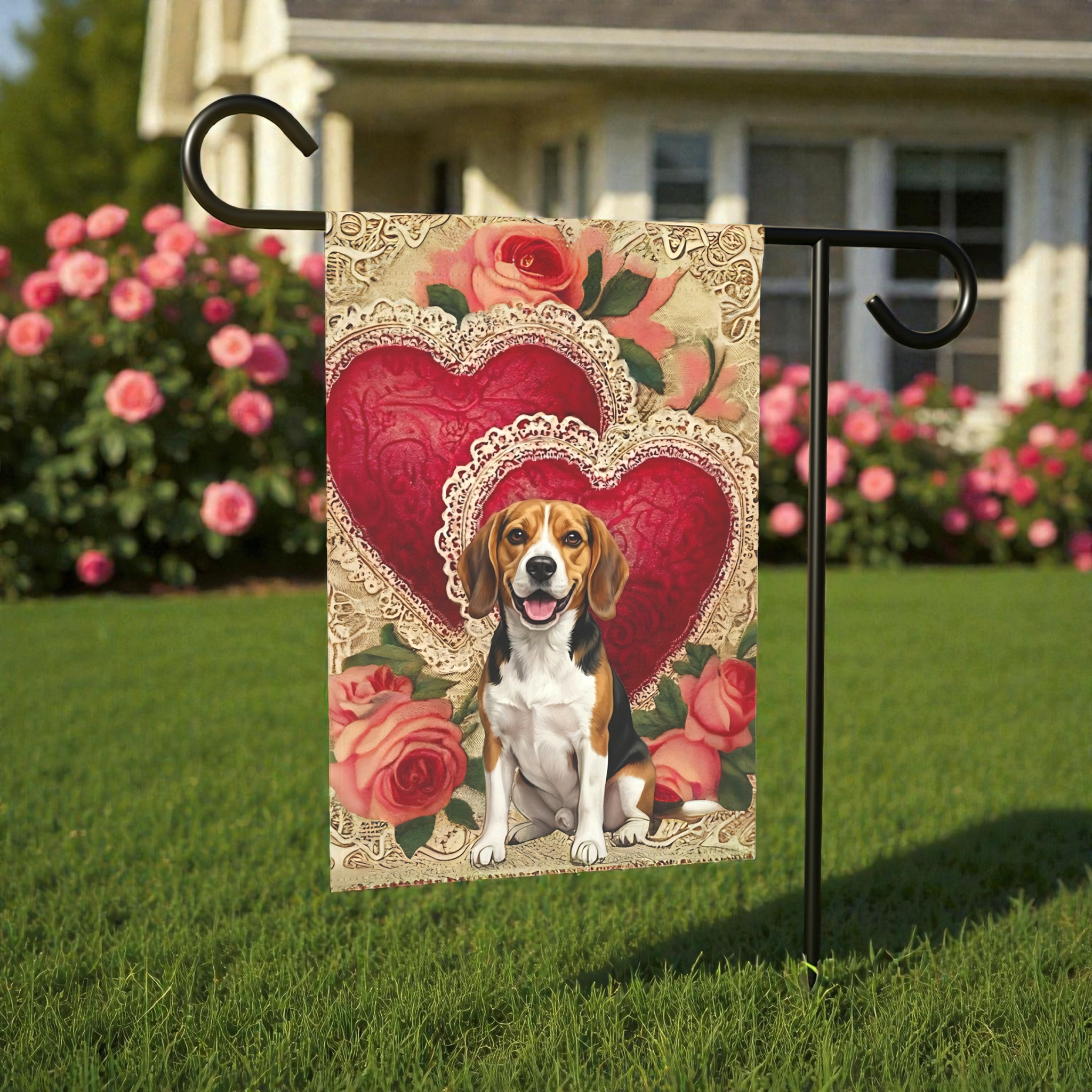 Two Heart Beagle Valentine Garden Flag