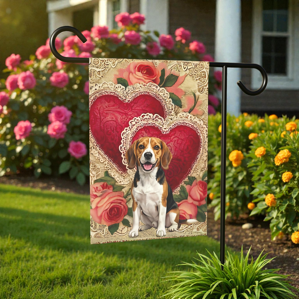 Two Heart Beagle Valentine Garden Flag