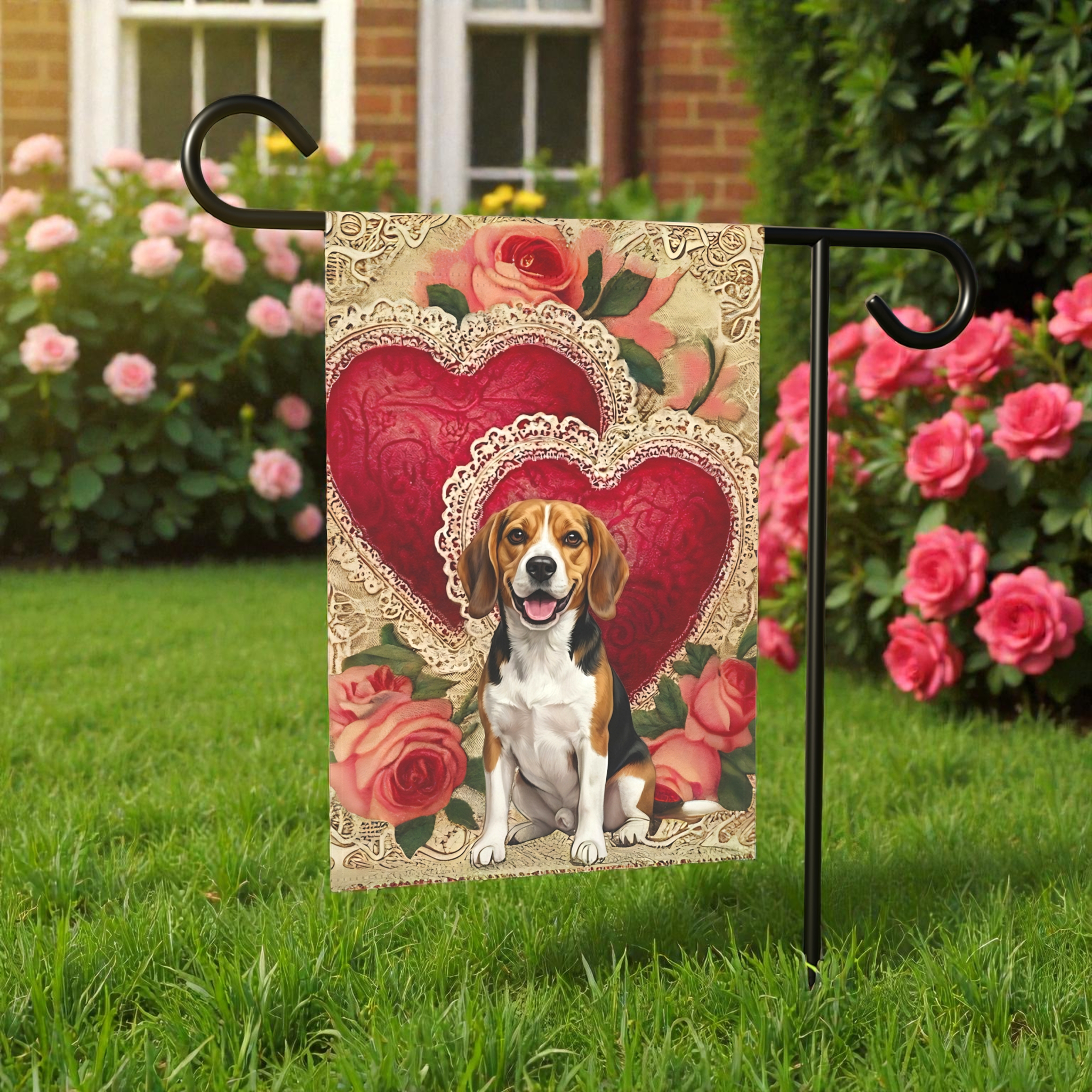 Two Heart Beagle Valentine Garden Flag