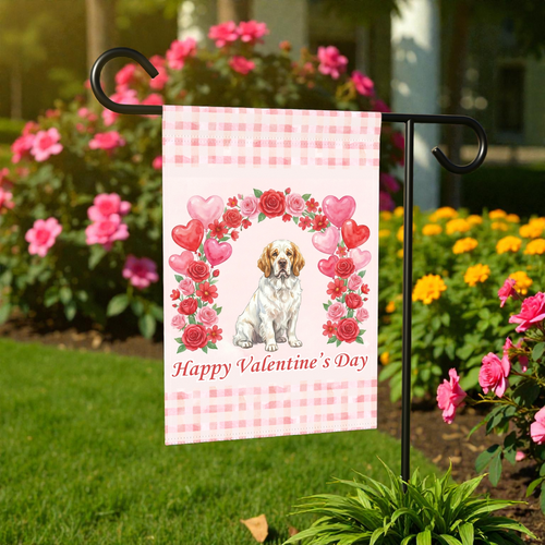 Arch Of Roses Clumber Spaniel Valentine's Day Dog Garden Flag - front view - Dragonfire Gardens