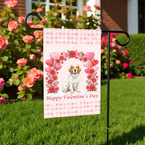 Arch Of Roses Clumber Spaniel Valentine's Day Dog Garden Flag - outdoor display - Dragonfire Gardens