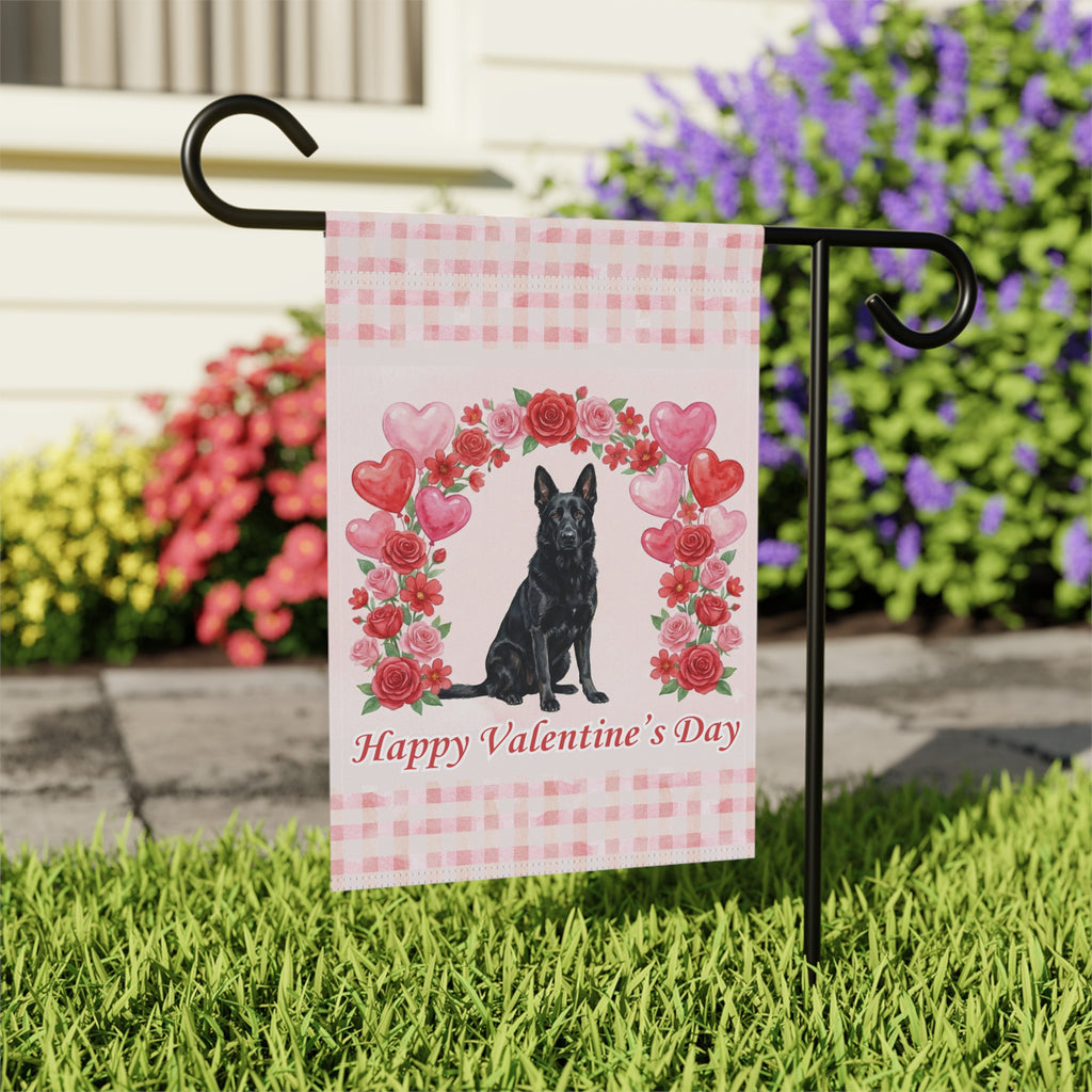 Arch of Roses Black German Shepherd Valentine's Day Garden Flag - outdoor display - Dragonfire Gardens