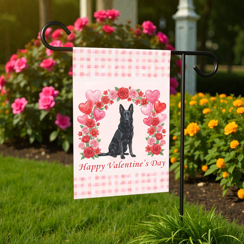 Arch of Roses Black German Shepherd Valentine's Day Garden Flag - front view - Dragonfire Gardens