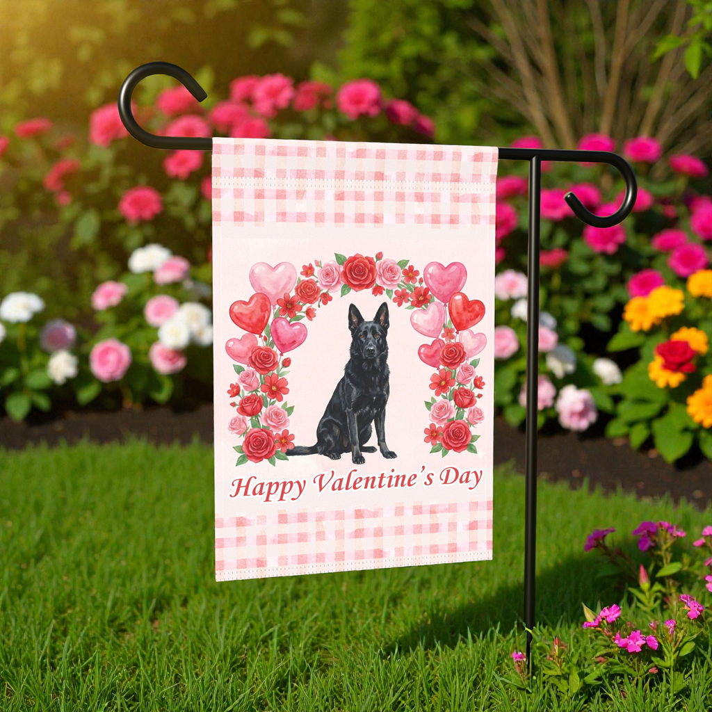 Arch of Roses Black German Shepherd Valentine's Day Garden Flag - size comparison - Dragonfire Gardens