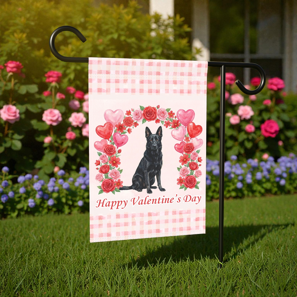 Arch of Roses Black German Shepherd Valentine's Day Garden Flag - product detail - Dragonfire Gardens