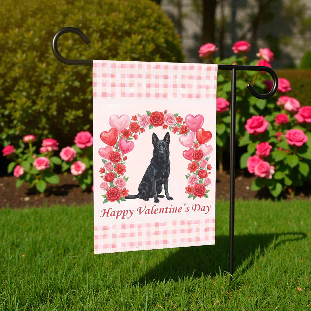 Arch of Roses Black German Shepherd Valentine's Day Garden Flag - lifestyle display - Dragonfire Gardens