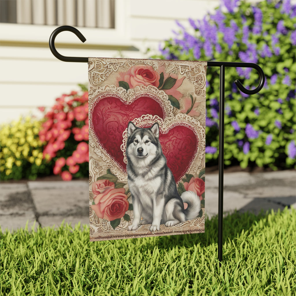 Two Heart Alaskan Malamute Valentines Garden Flag