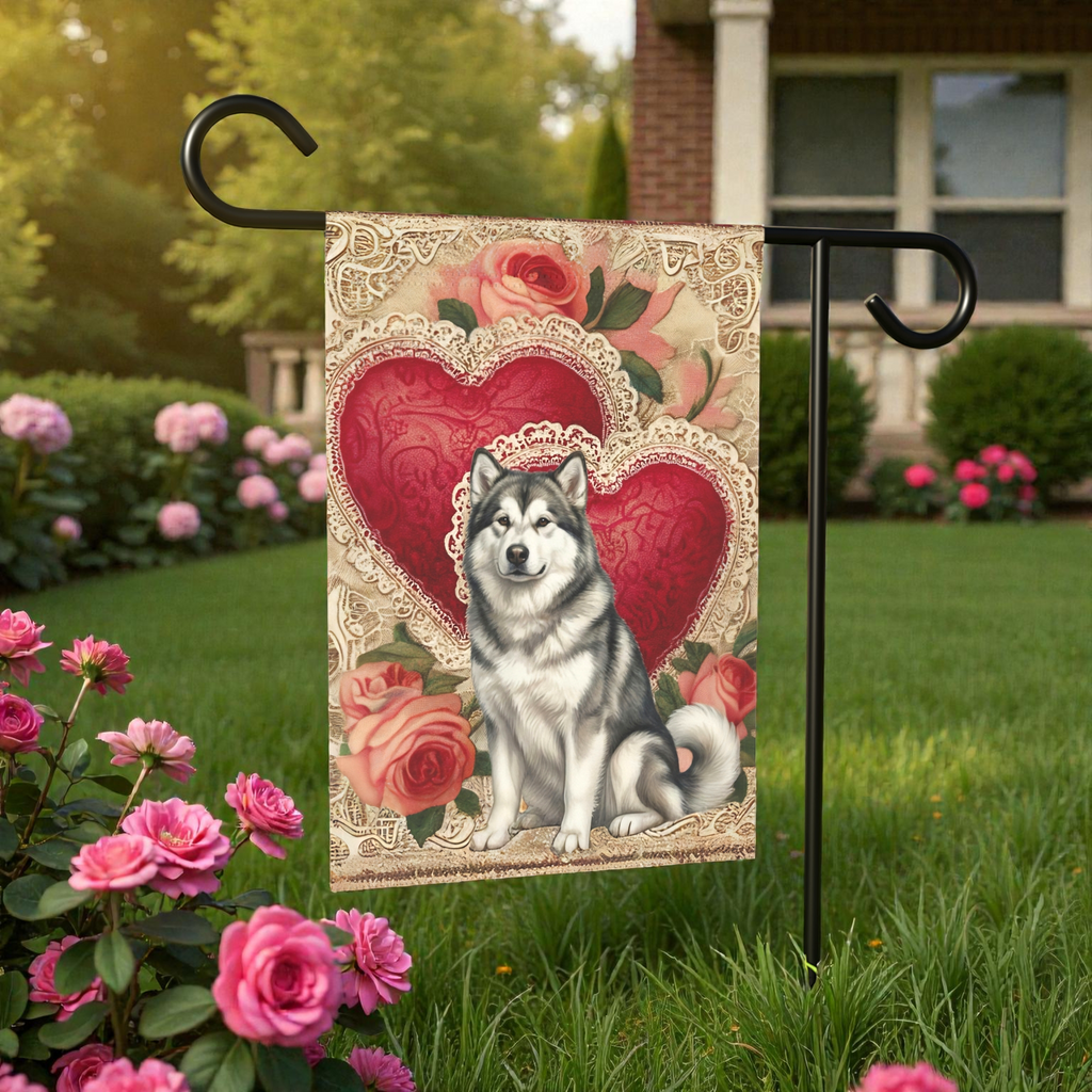 Two Heart Alaskan Malamute Valentines Garden Flag