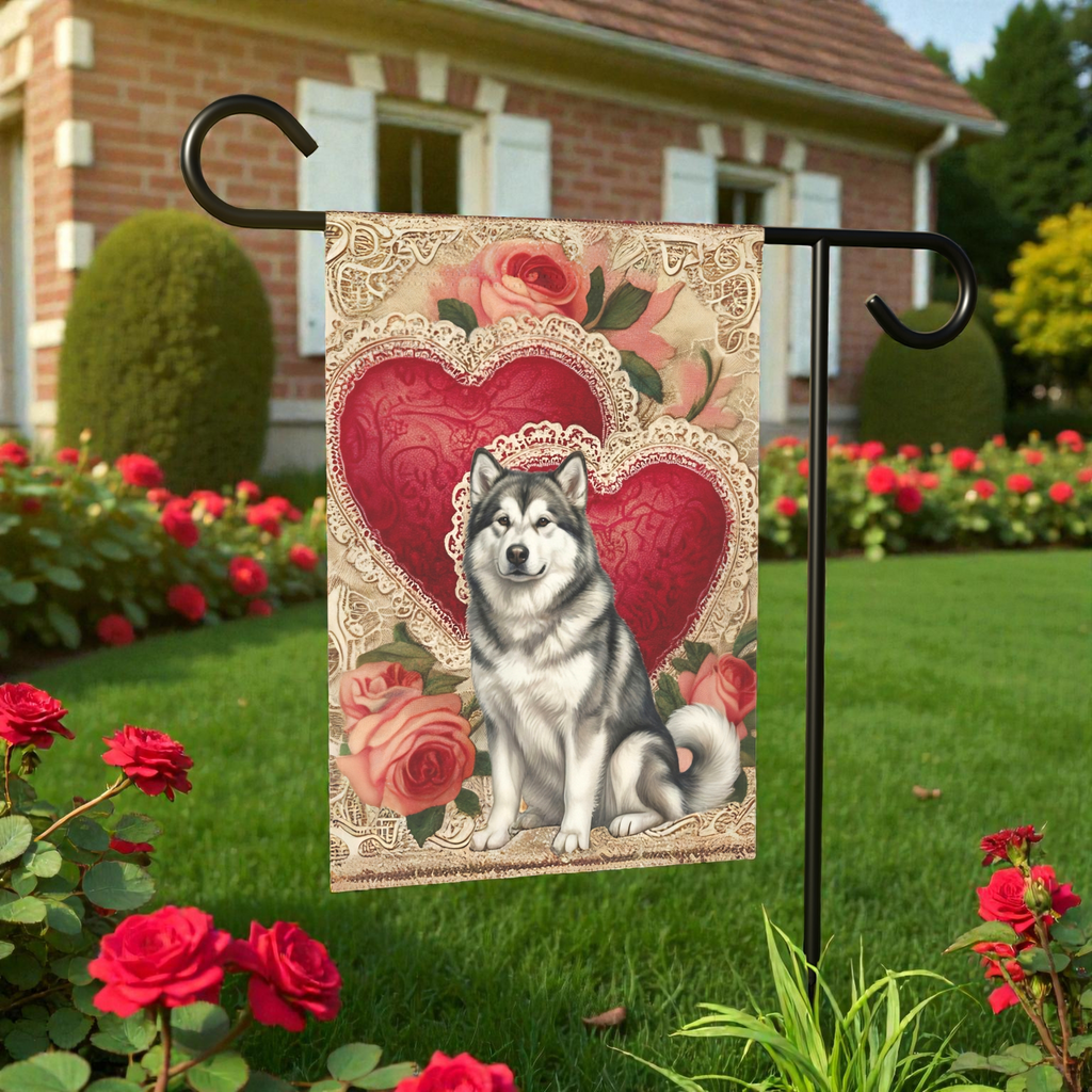 Two Heart Alaskan Malamute Valentines Garden Flag