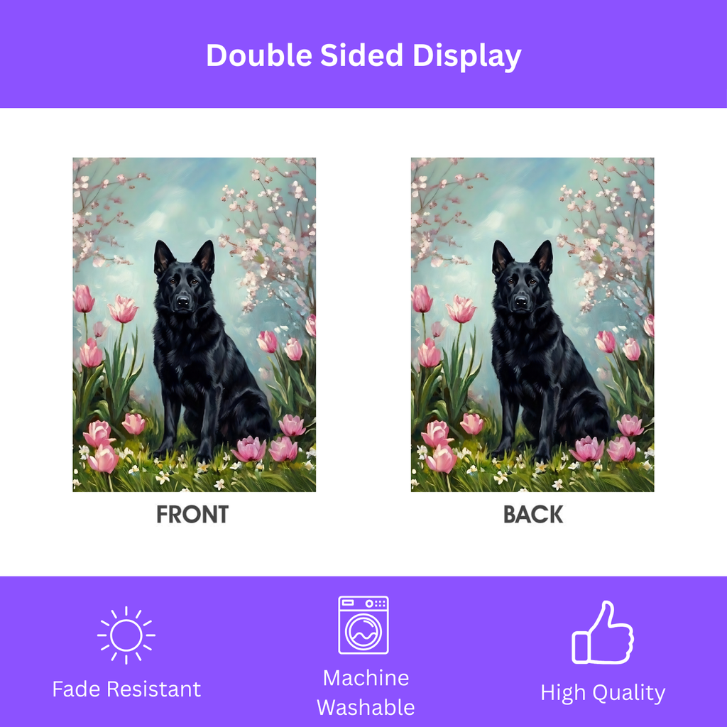 Black German Shepherd In the Tulips Spring Garden Flag - double-sided design - Dragonfire Gardens