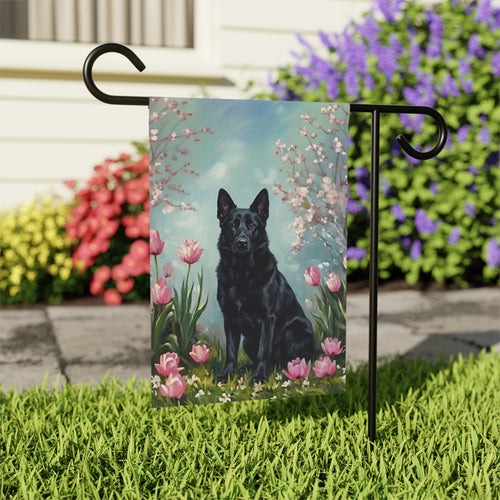 Black German Shepherd In the Tulips Spring Garden Flag - outdoor display - Dragonfire Gardens