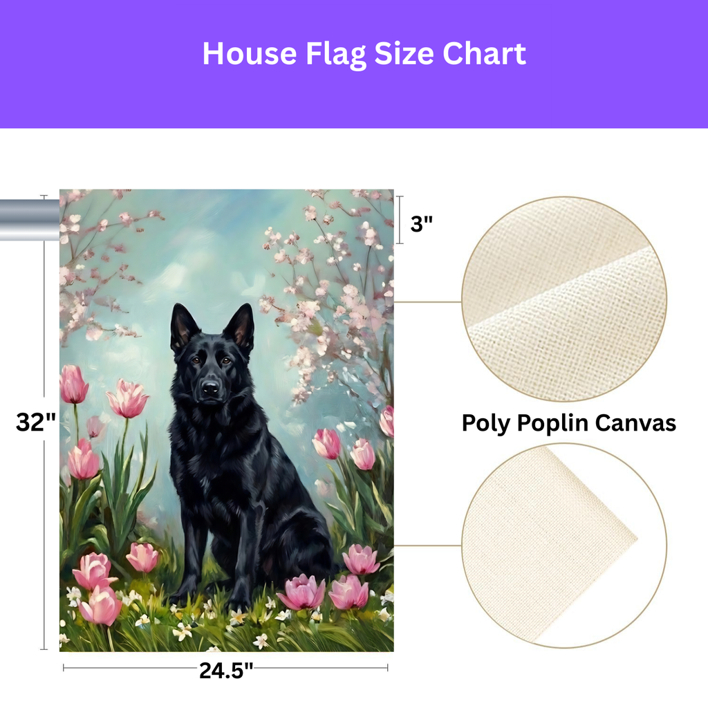 Black German Shepherd In the Tulips Spring Garden Flag - yard display - Dragonfire Gardens