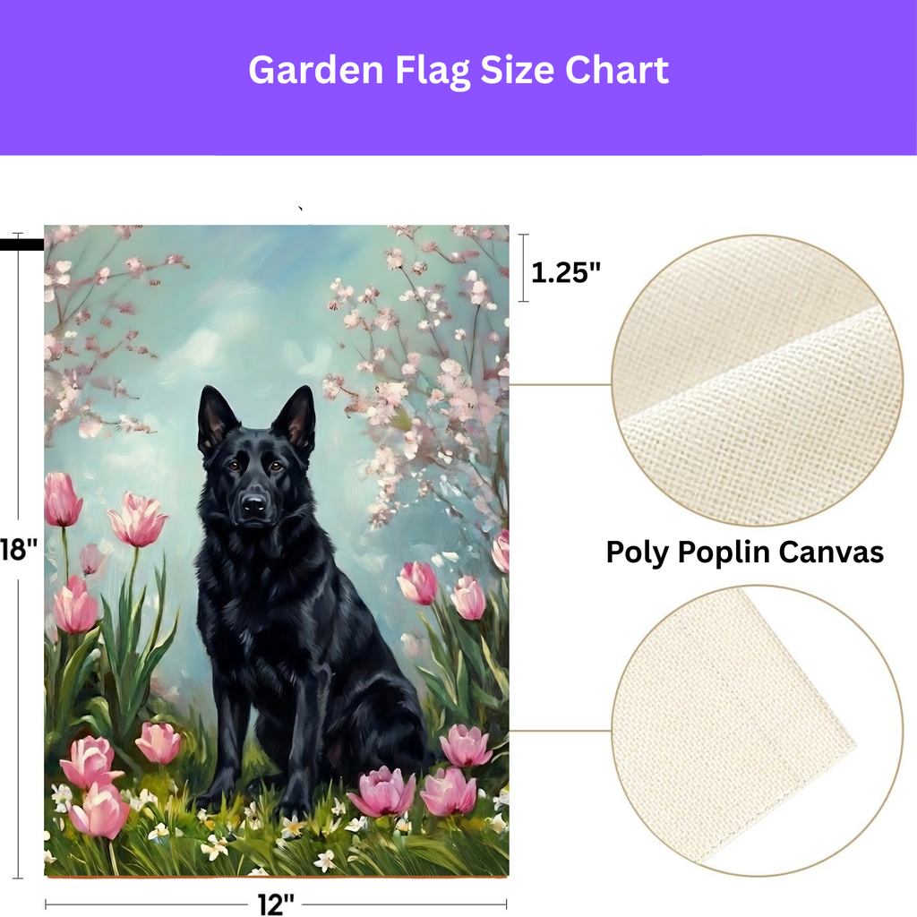 Black German Shepherd In the Tulips Spring Garden Flag - porch decor - Dragonfire Gardens
