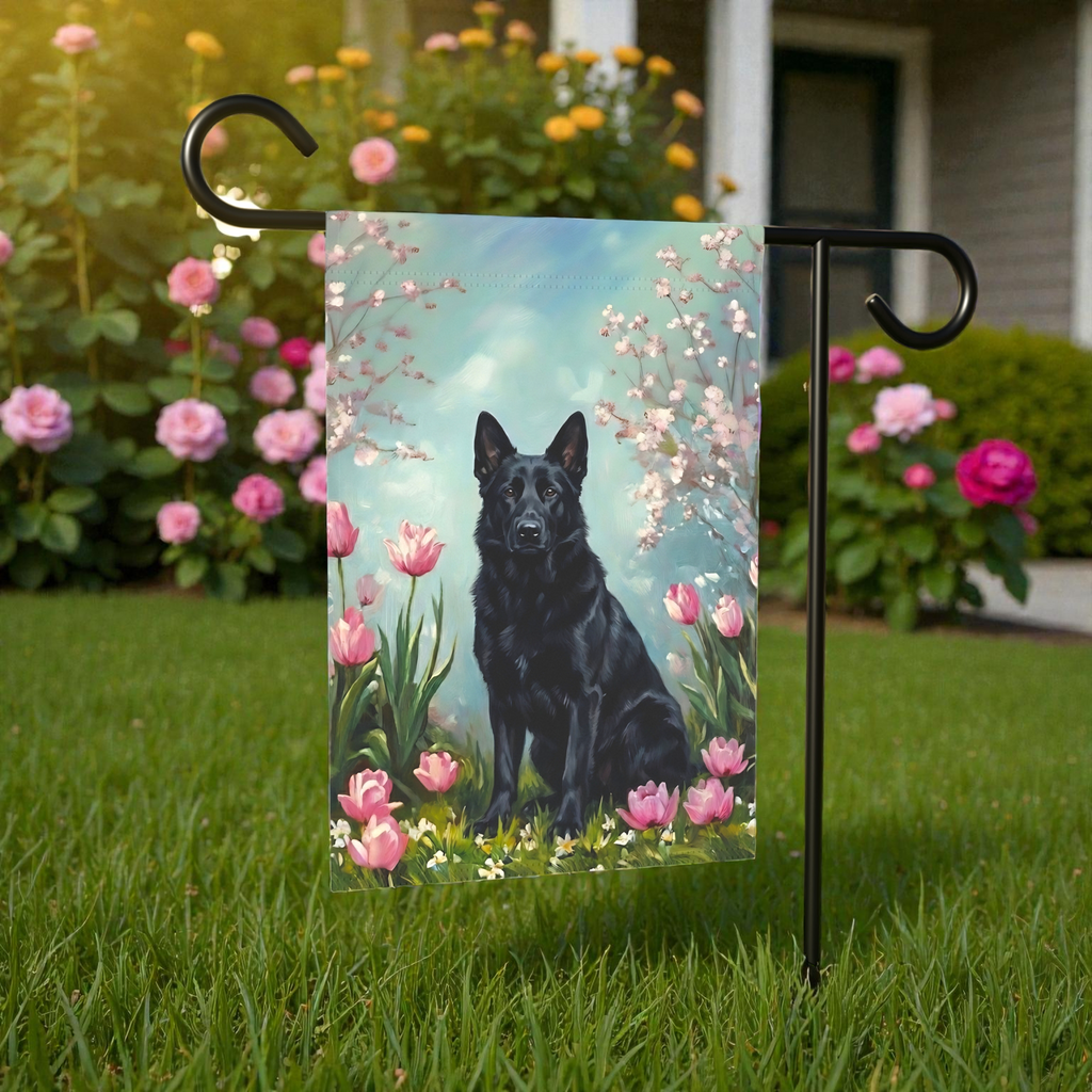 Black German Shepherd In the Tulips Spring Garden Flag - size comparison - Dragonfire Gardens