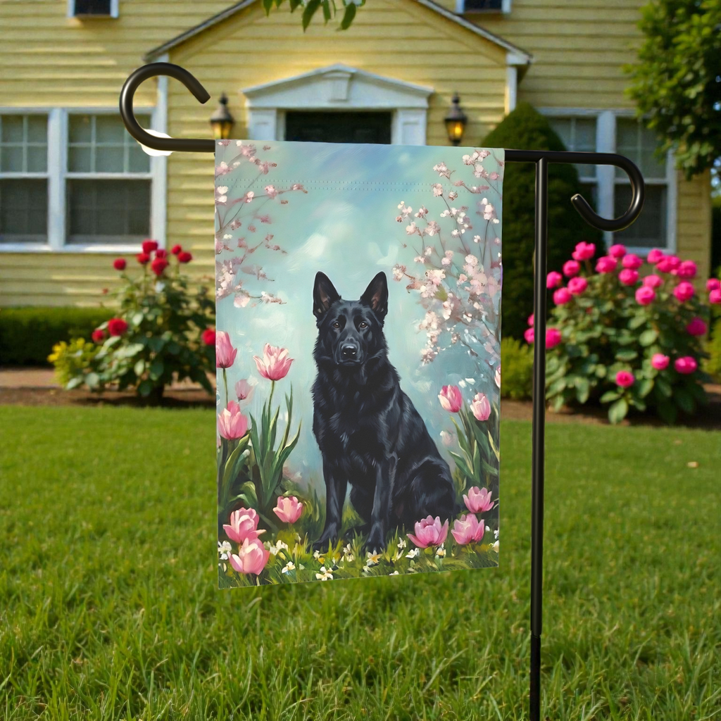 Black German Shepherd In the Tulips Spring Garden Flag - lifestyle display - Dragonfire Gardens