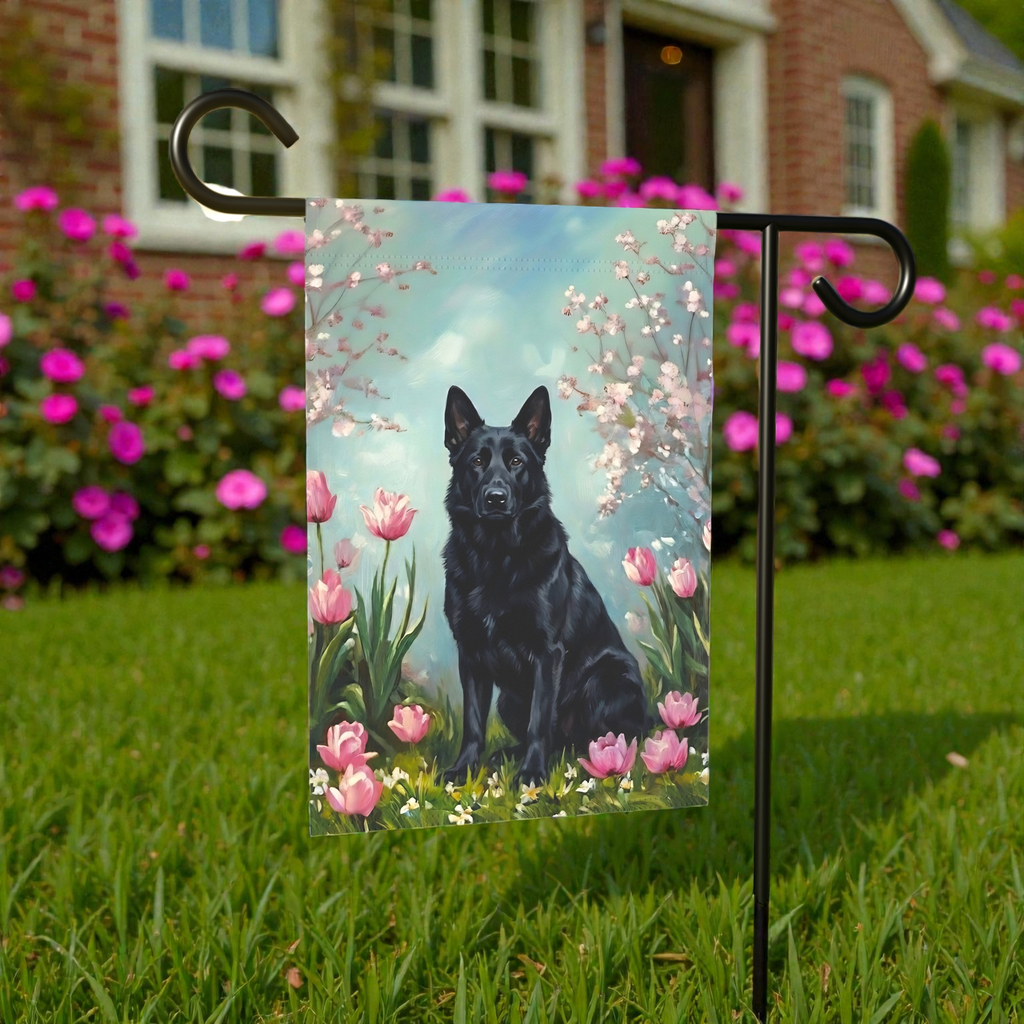 Black German Shepherd In the Tulips Spring Garden Flag - product detail - Dragonfire Gardens
