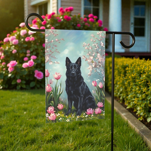 Black German Shepherd In the Tulips Spring Garden Flag - front view - Dragonfire Gardens