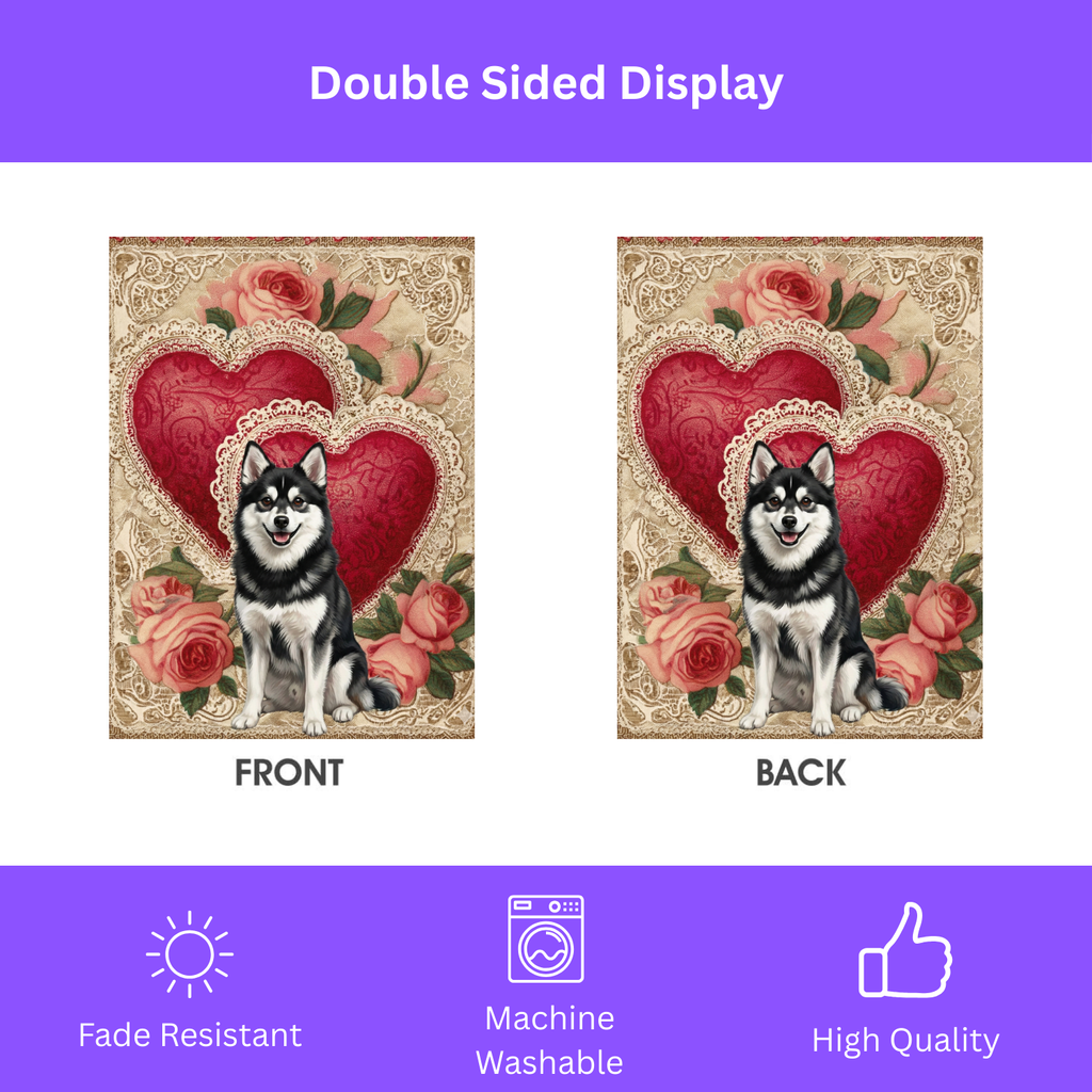 Two Heart Alaskan Klee Kai Valentines Garden Flag - double-sided design - Dragonfire Gardens