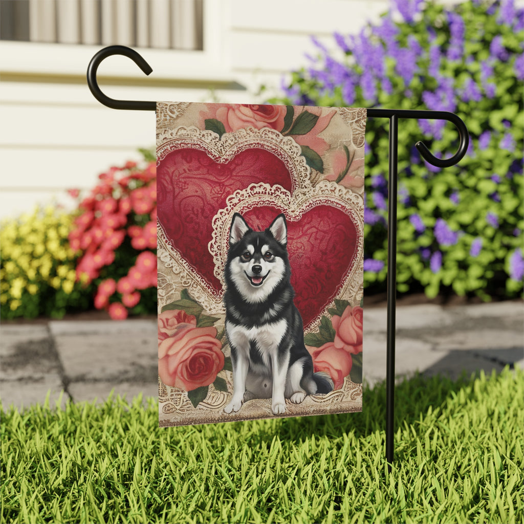 Two Heart Alaskan Klee Kai Valentines Garden Flag - outdoor display - Dragonfire Gardens