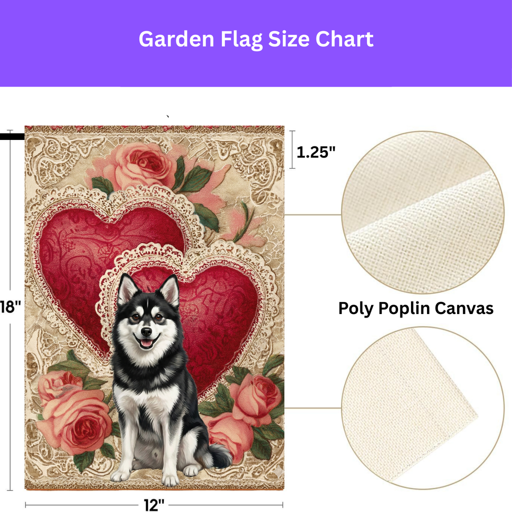 Two Heart Alaskan Klee Kai Valentines Garden Flag - porch decor - Dragonfire Gardens