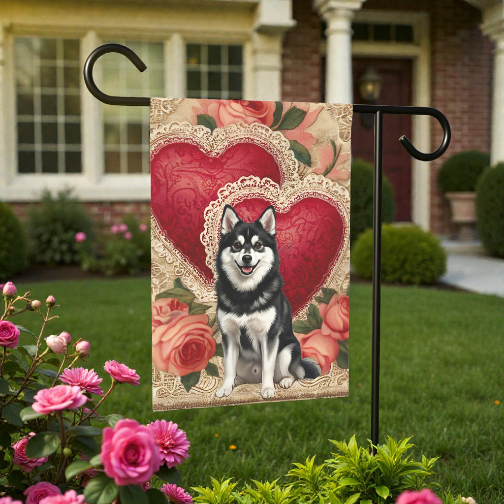 Two Heart Alaskan Klee Kai Valentines Garden Flag - size comparison - Dragonfire Gardens