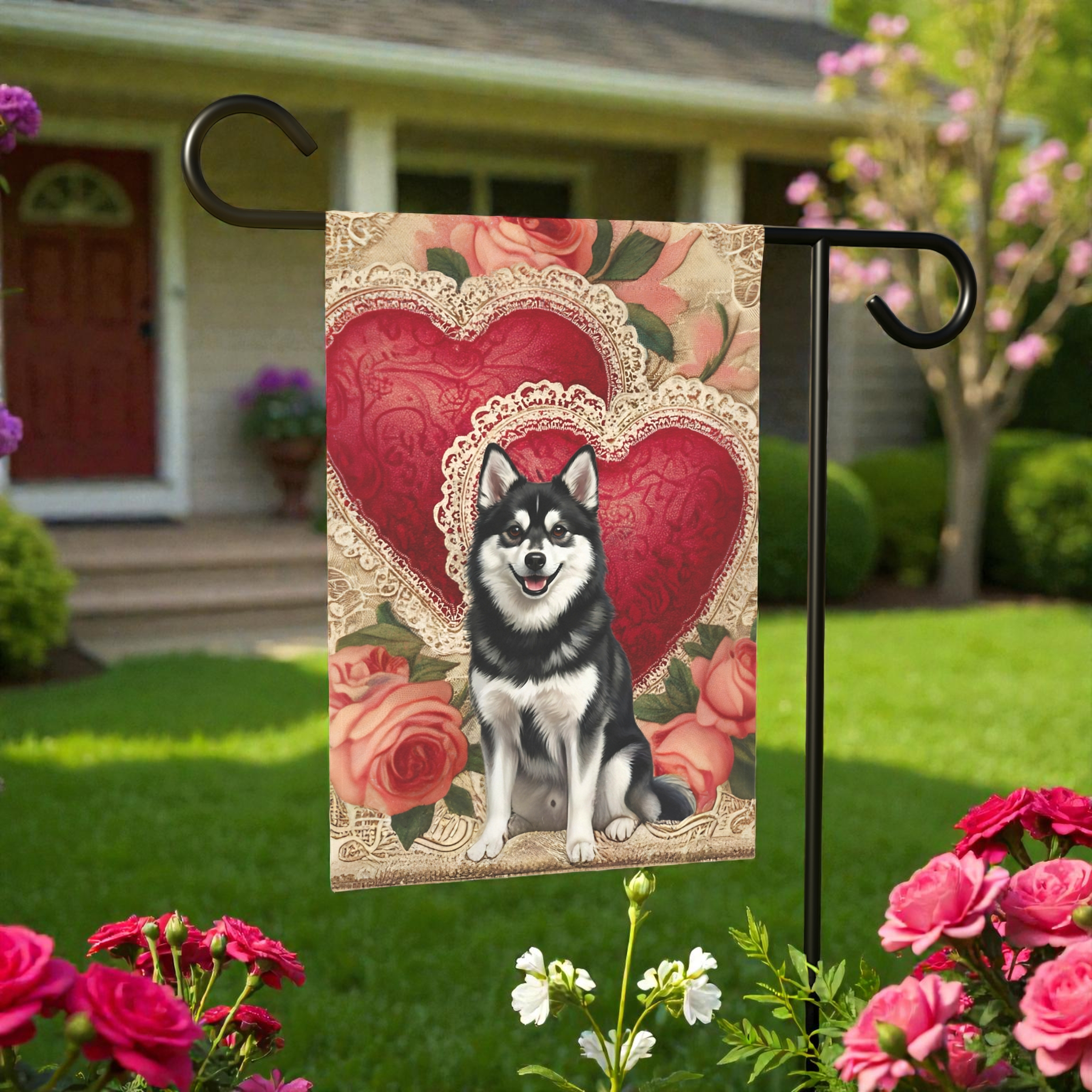Two Heart Alaskan Klee Kai Valentines Garden Flag - lifestyle display - Dragonfire Gardens