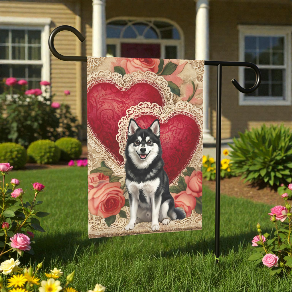 Two Heart Alaskan Klee Kai Valentines Garden Flag - product detail - Dragonfire Gardens