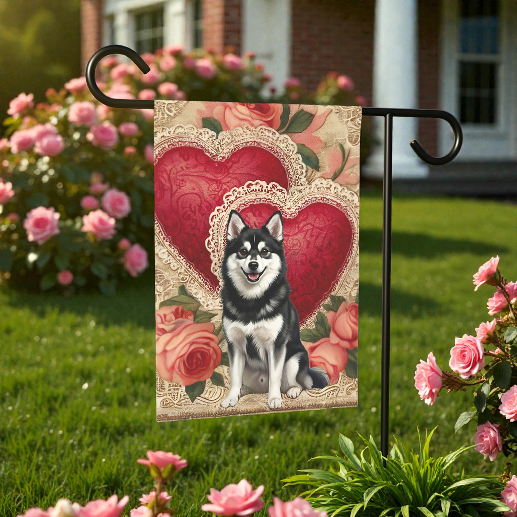 Two Heart Alaskan Klee Kai Valentines Garden Flag - front view - Dragonfire Gardens