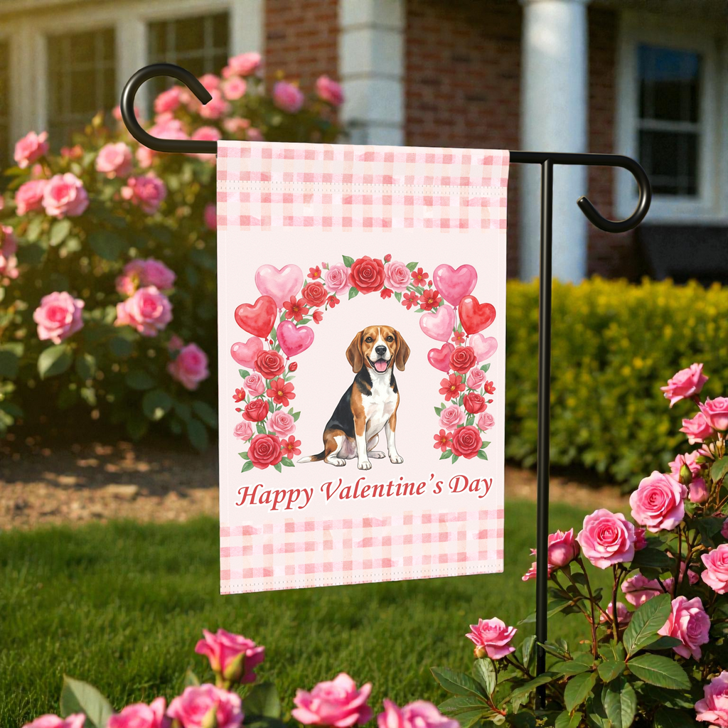 Arch of Roses Beagle Valentine's Day Garden Flag - front view - Dragonfire Gardens