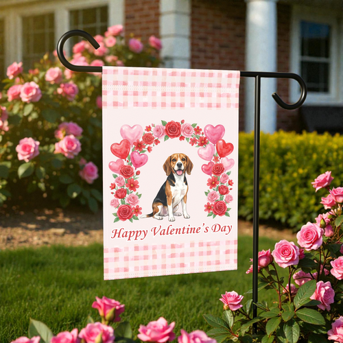 Arch of Roses Beagle Valentine's Day Garden Flag - front view - Dragonfire Gardens
