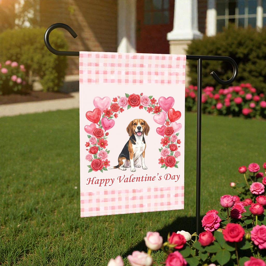 Arch of Roses Beagle Valentine's Day Garden Flag - size comparison - Dragonfire Gardens