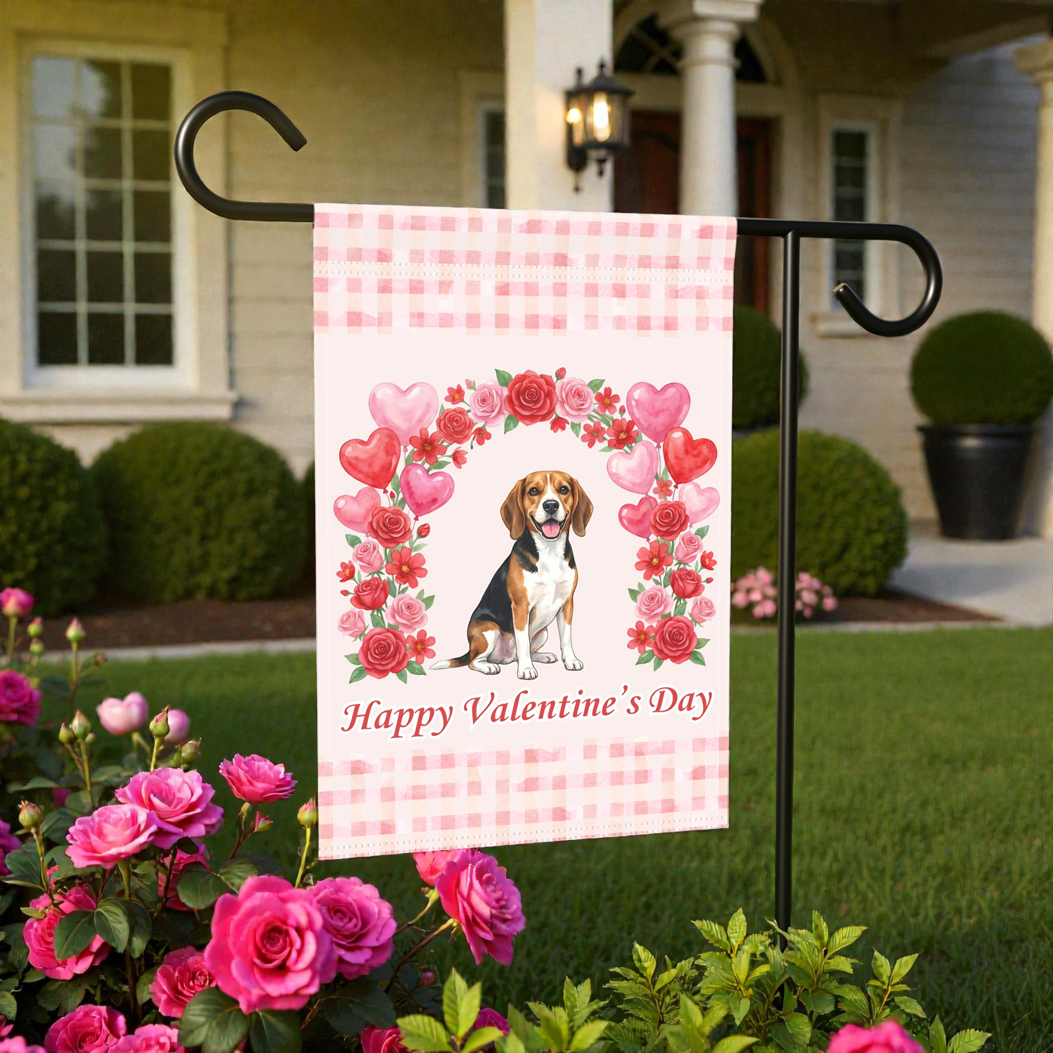 Arch of Roses Beagle Valentine's Day Garden Flag - lifestyle display - Dragonfire Gardens