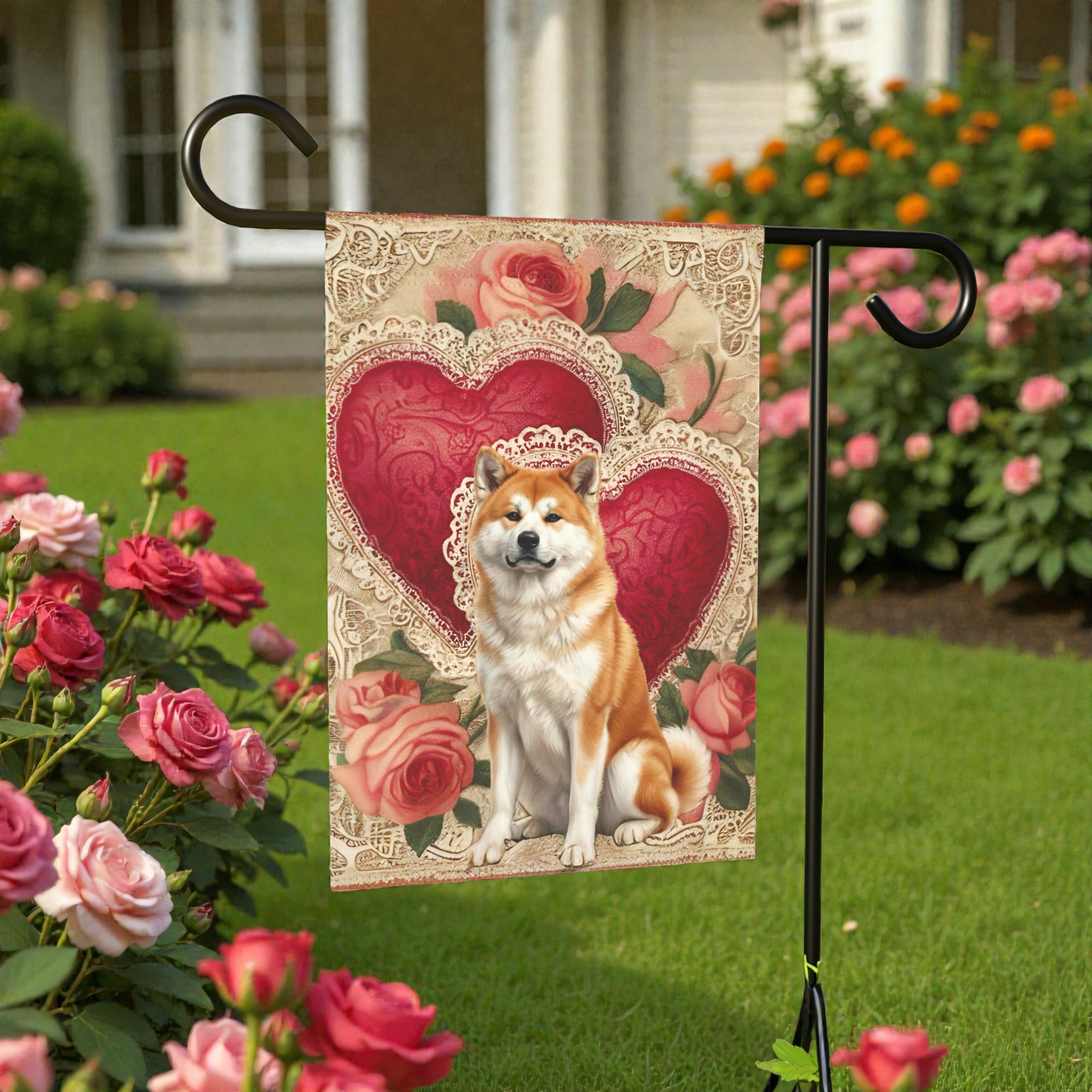 Two Hearts Akita Valentines Garden Flag