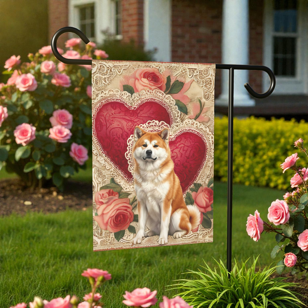 Two Hearts Akita Valentines Garden Flag