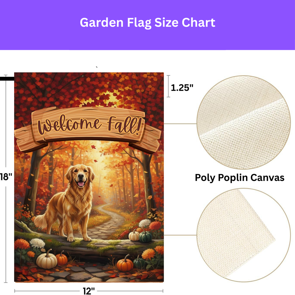 Welcome Fall Golden Retriever Garden Flag - porch decor - Dragonfire Gardens