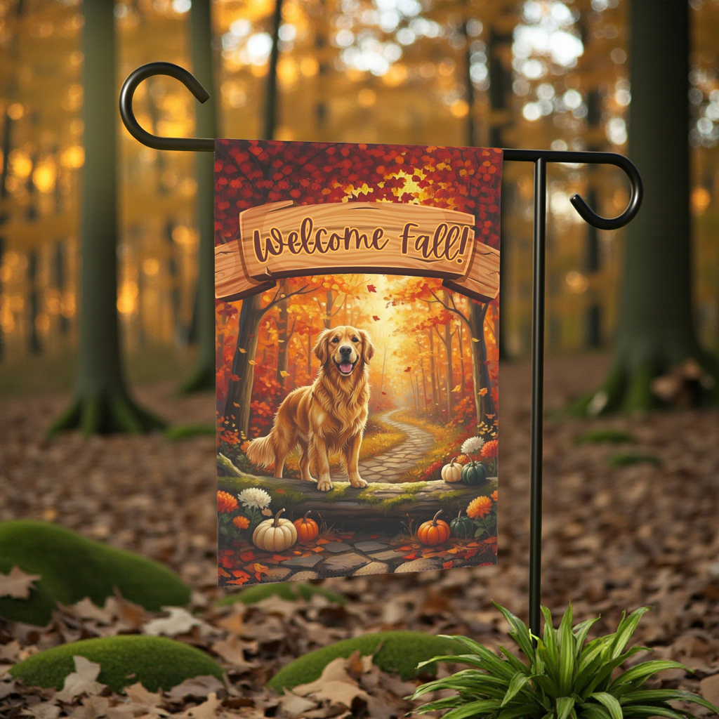 Welcome Fall Golden Retriever Garden Flag - lifestyle display - Dragonfire Gardens
