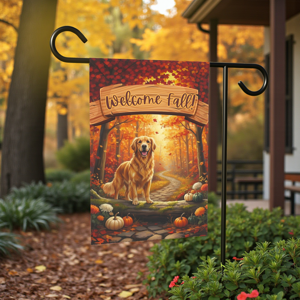 Welcome Fall Golden Retriever Garden Flag - front view - Dragonfire Gardens