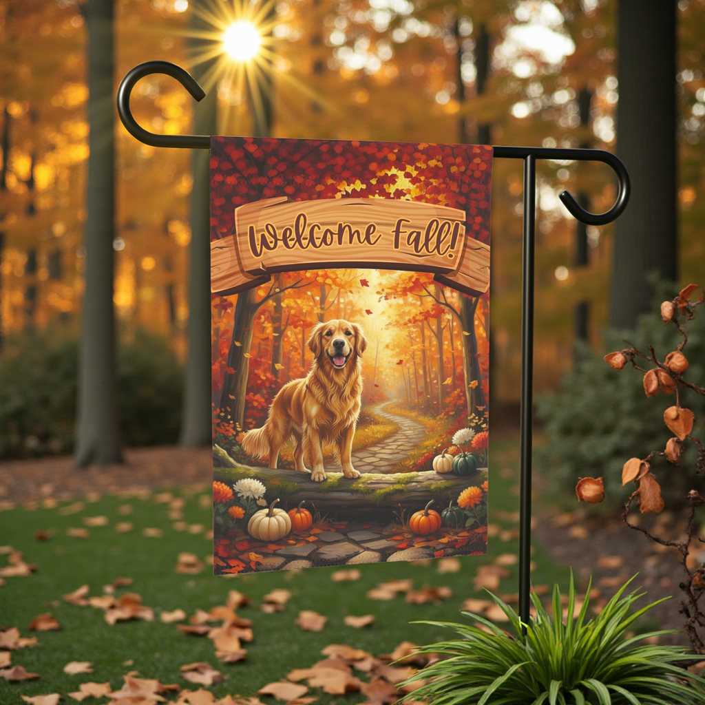 Welcome Fall Golden Retriever Garden Flag - size comparison - Dragonfire Gardens