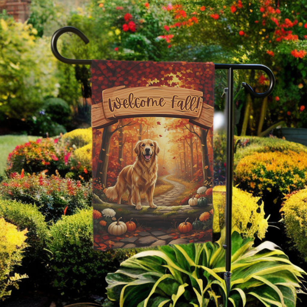 Welcome Fall Golden Retriever Garden Flag - banner view - Dragonfire Gardens