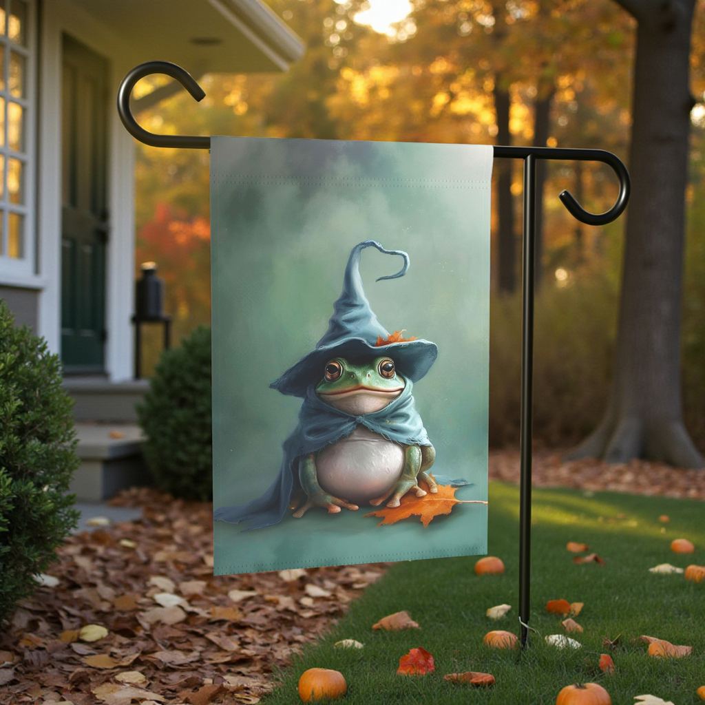 Wizard Frog Garden Flag - lifestyle display - Dragonfire Gardens