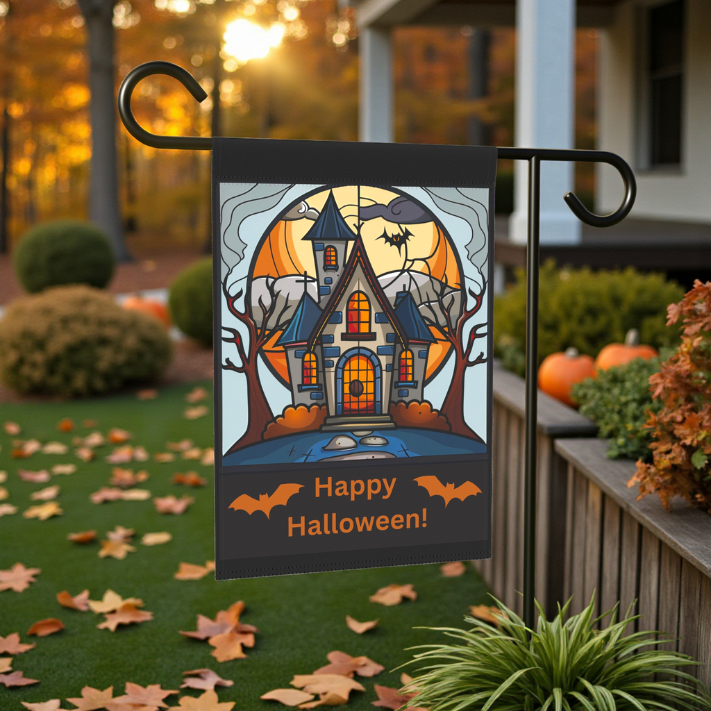 Haunted House Halloween Garden Flag - size comparison - Dragonfire Gardens