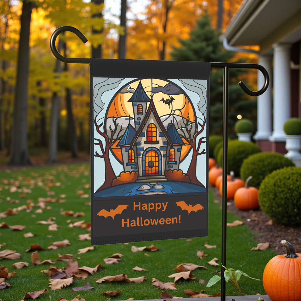 Haunted House Halloween Garden Flag - front view - Dragonfire Gardens