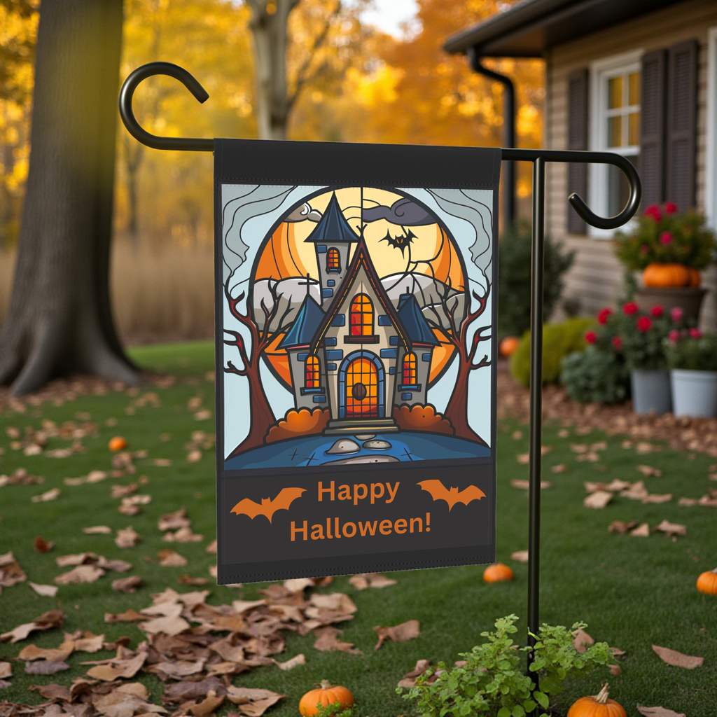 Haunted House Halloween Garden Flag - lifestyle display - Dragonfire Gardens
