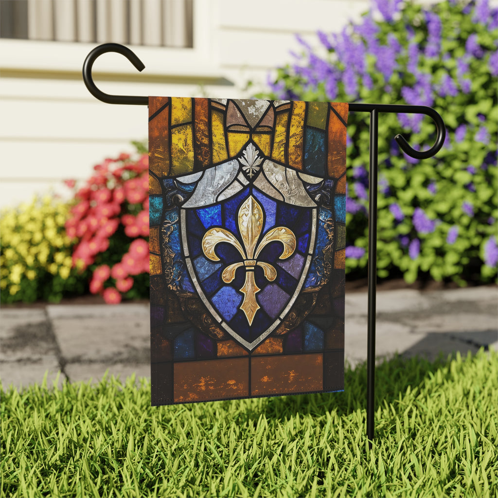 Stained Glass Fleur De Lis Garden Flag - outdoor display - Dragonfire Gardens