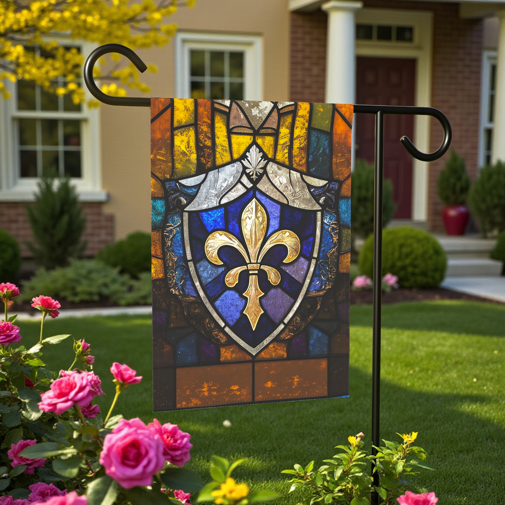 Stained Glass Fleur De Lis Garden Flag - size comparison - Dragonfire Gardens