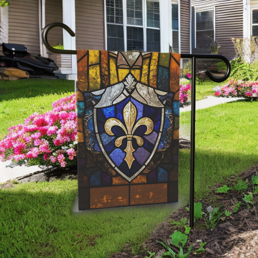 Stained Glass Fleur De Lis Garden Flag - lifestyle display - Dragonfire Gardens