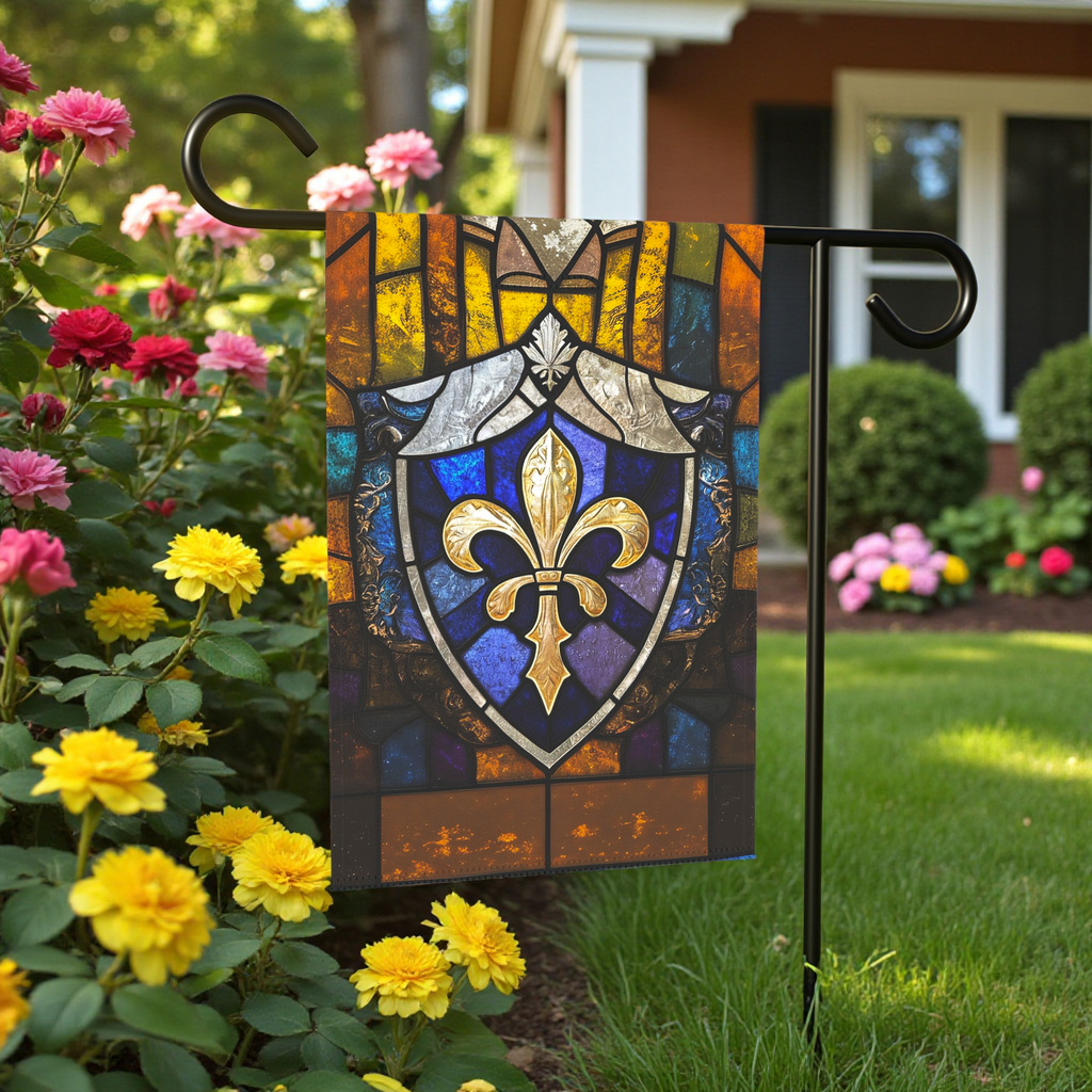 Stained Glass Fleur De Lis Garden Flag - front view - Dragonfire Gardens